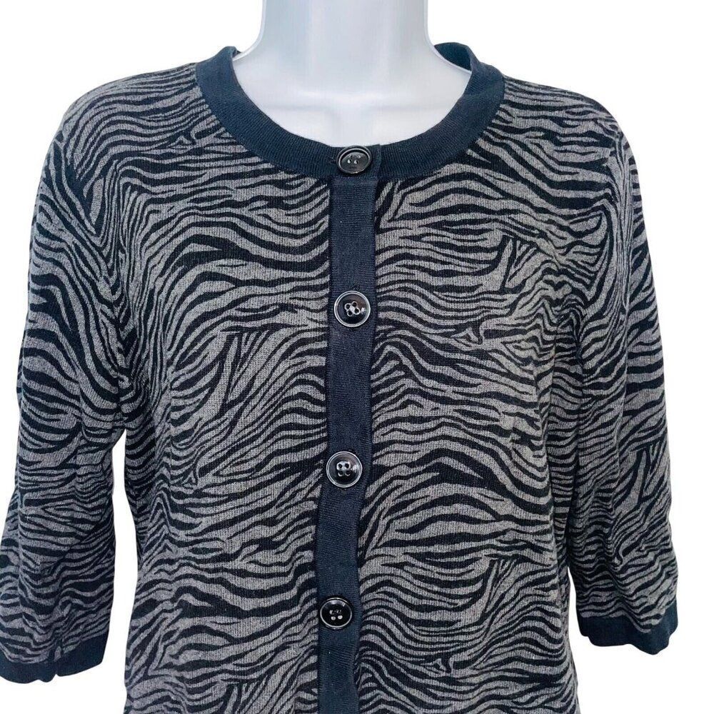 Cardigan Sweater Womens L Black Gray Button Front Animal Print 3/4 Sleeve